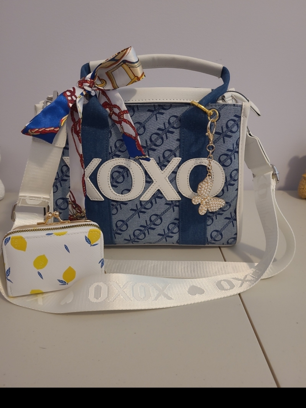 XOXO Denim Logo Satchel Bag with White Trim
